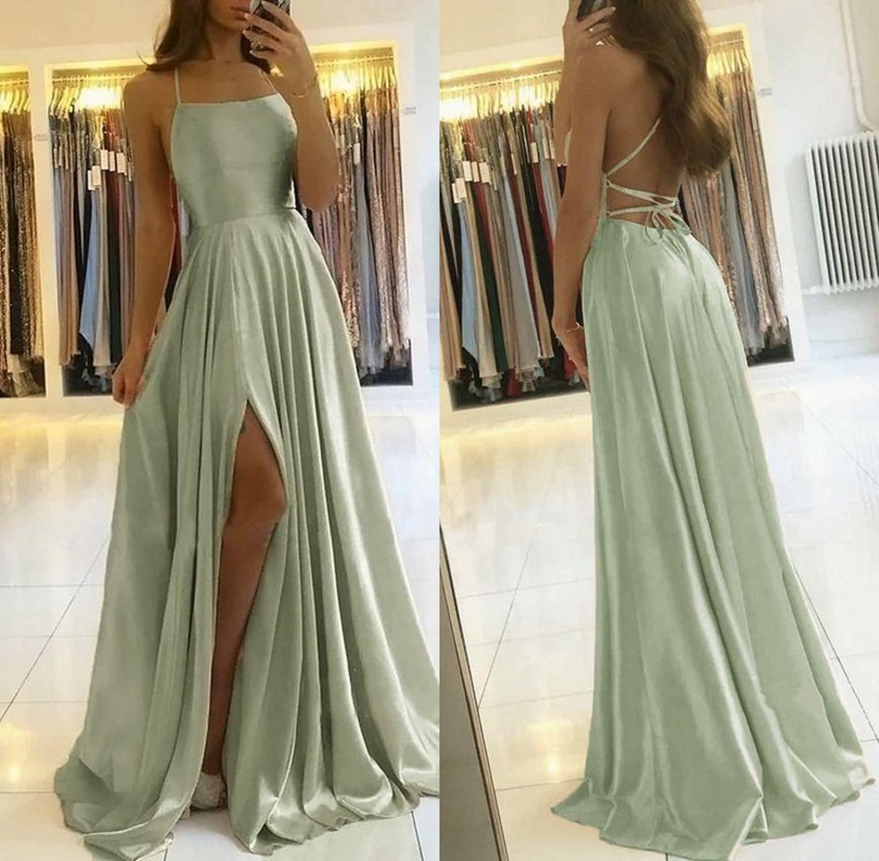 

Fabulous Sage Green Prom Dresses Split Evening Party Gowns Spaghetti Criss-Cross Back Graduation Dress Evening Dress Straps, Dark navy