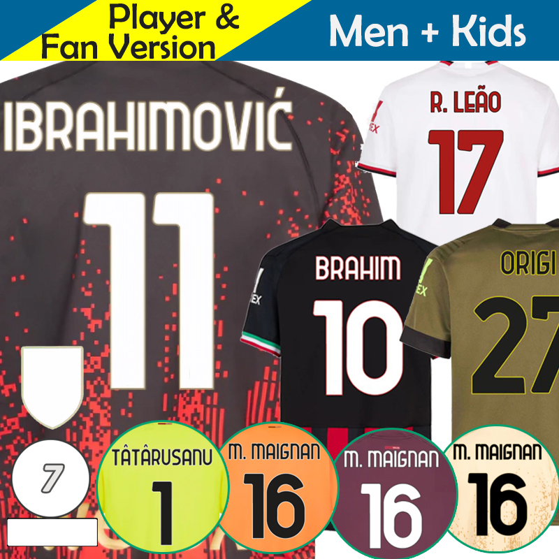 

22/23 AC MILANS IBRAHIMOVIC Soccer Jerseys 2022 2023 GIROUD RAFAEL LEAO Kids Kit Full Set Maglia 3rd Third 4th Goalkeeper Football Shirt Uniform Black White Green Gold, Away