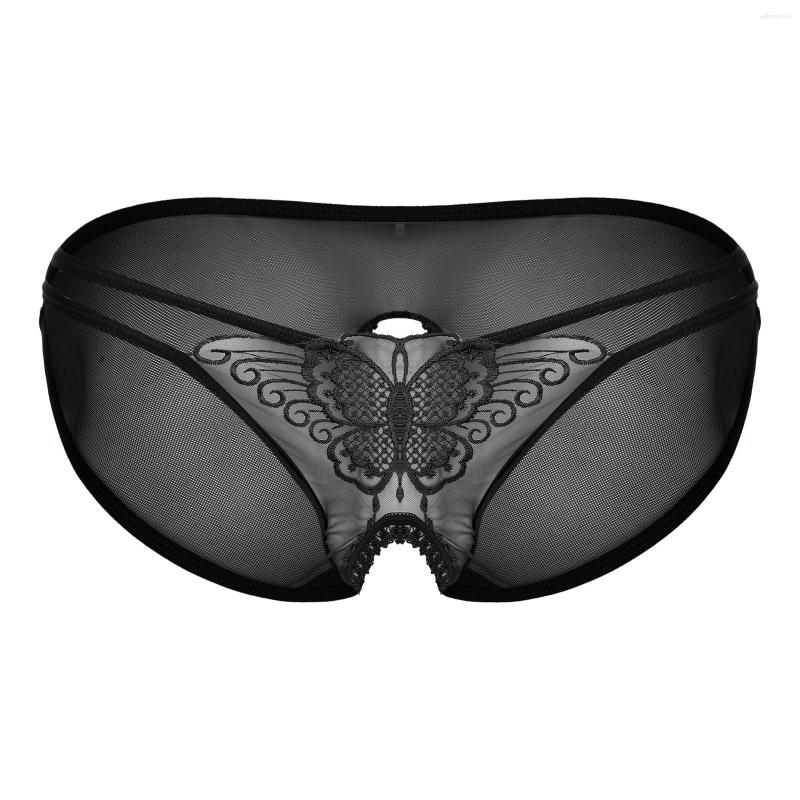 Underpants Mens Butterfly Embroidery Crotchless Briefs Sissy Underwear Sexy Lingerie See-through Mesh Lace Panties Low Waist-image-853015818