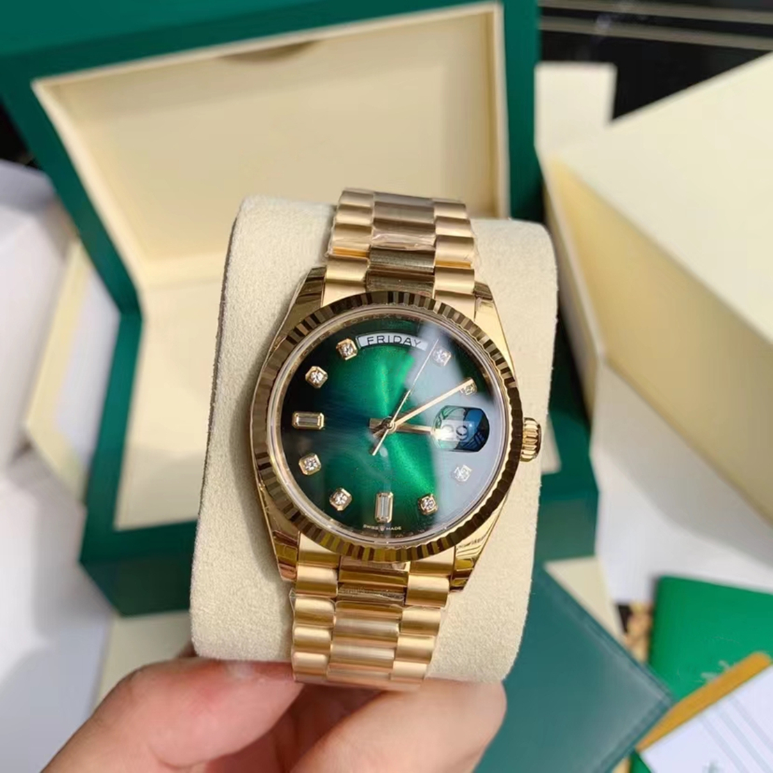 

Original box certificate 18k Gold President Male Watches Day Date Diamonds Green dial Watch Men Stainless Diamond Bezel Automatic WristWatch 36mm 41mm, Style 1 original box+watch