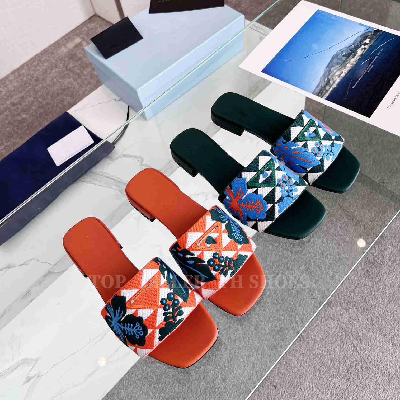 

Embroidered Fabric Slides Flora Multicolor Triangular Printing Slippers Rubber Sandal Mules Leather Bottom Summer Casual Sandals, Blue
