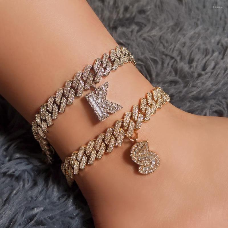 

Anklets 14MM Crystal Letter Cuban Link Chain Women's Gold/Silver Color 2 Row Rhinestone Paved DIY Initial Ankle Bracelet Jewelry