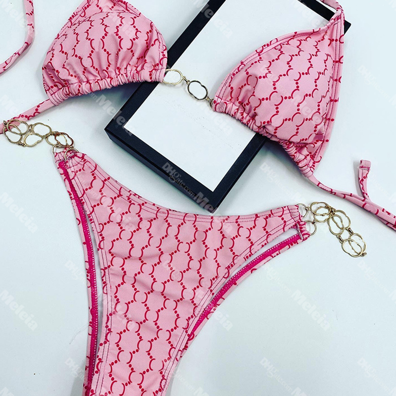 

2023 Womens Bikinis Set Sexy Swimwears Designers Ladies Luxury Swim Bathing Suit Fashion Beach Summer Womens Swimwears Biquini with Letter Chain, Pink