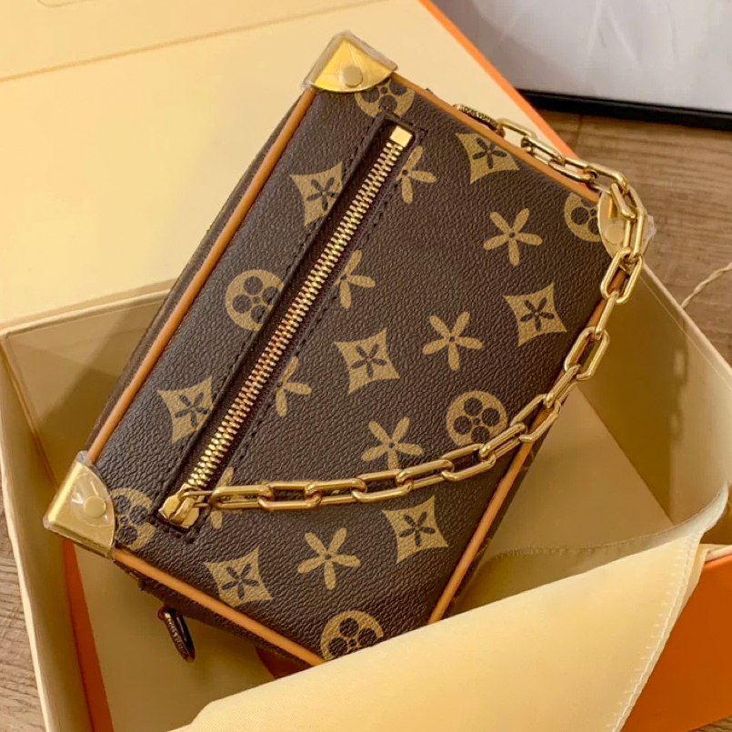 

cross body M44735 Mini soft trunk box luxury designer Women Man square bag purses wallet tote handbag Brown pattern Genuine Leather Clutch Shoulder chain Evening bag, Mon0gram orange chain