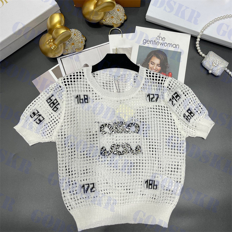 

Beaded Knitted T Shirt Sexy Hollow Tops For Women Summer New Short Sleeve Tees Clothing, Pls contact me real pic