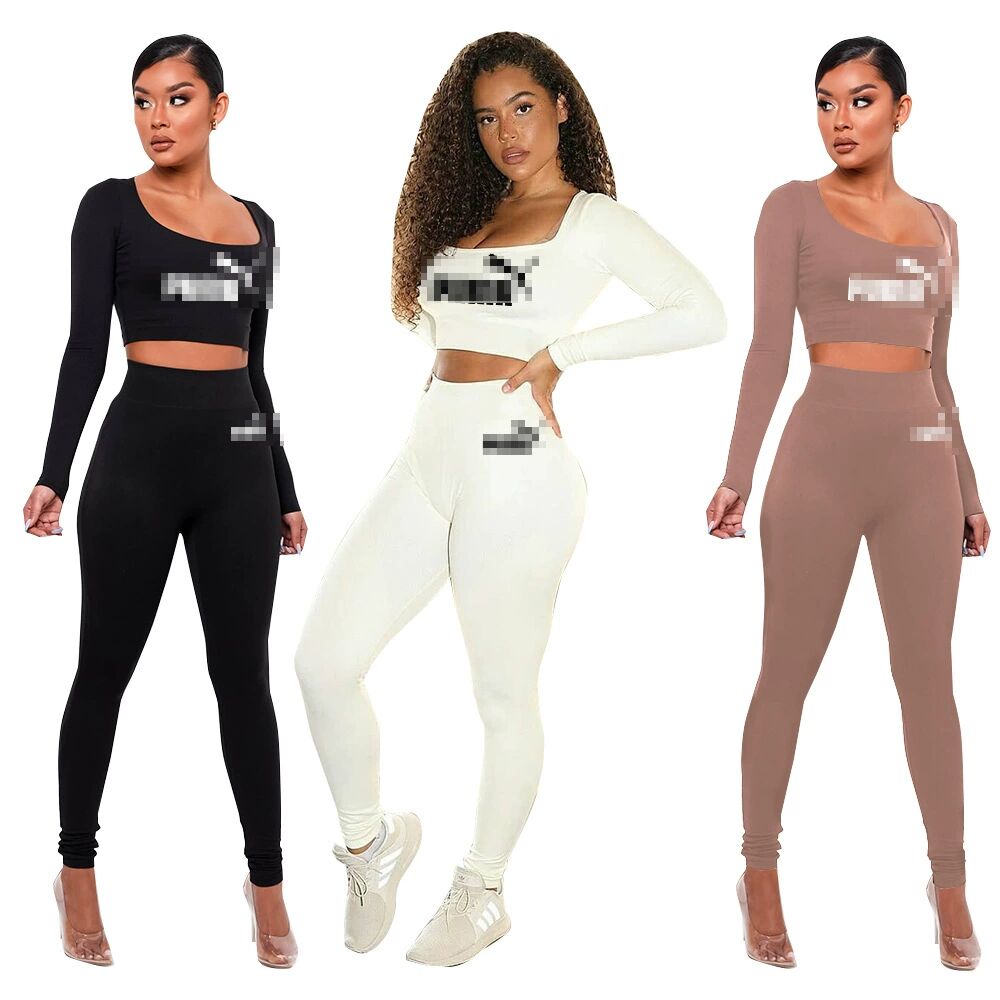 

Women's Two Piece Sets Spring and Autumn Sexy Slimming Leisure Sports Fitness Yoga Long Sleeve, White