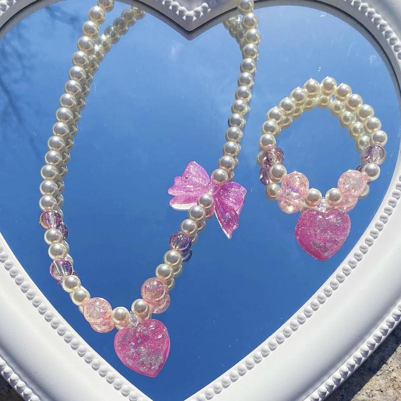 

Pendant Necklaces Y2K Jewelry Shiny Heart Necklace For Women Beads Lolita Accessories Harajuku Vintage Bracelets Set Charms 90s Aesthetic