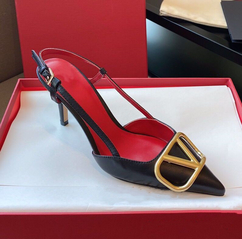 

Shoes Sandals Designer High Heel Metal Buckle 6cm 8cm 10cm Thin Heels Shallow Mouth Rhinestone Pointed Single Back Strap Wedding Dust Bag 34-44, Black 1