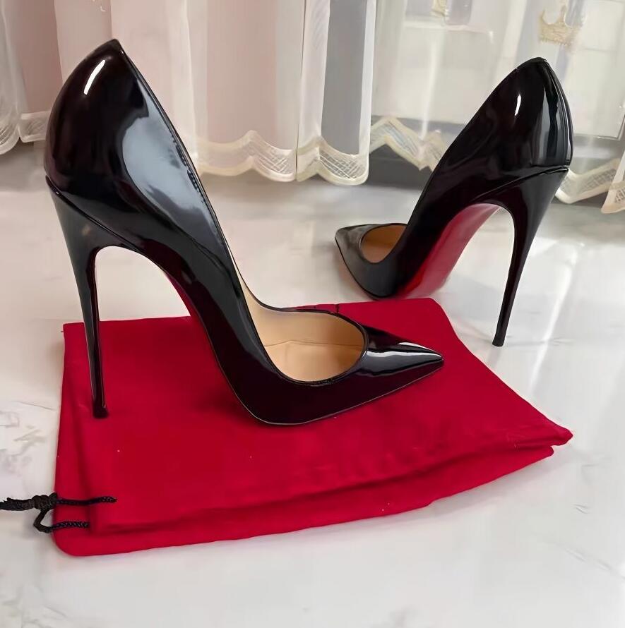 

Brand Pumps High Heel Wedding Shoes Red Shiny Bottoms Genuine Leather Sexy Pointed Toes Women Nude Black Shiny Patent Leathers 6cm 8cm 10cm 12cm Size 34-44, Black c