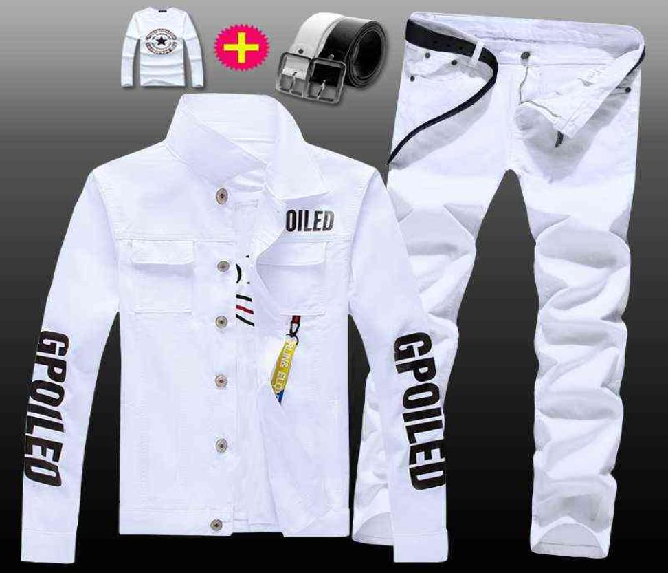 

New Mens Denim Jacket Jeans Pants Slim Fit 2pcs Set Boys Casual Letters Printed Coat Trousers with Pendant Candy Color G12172135781