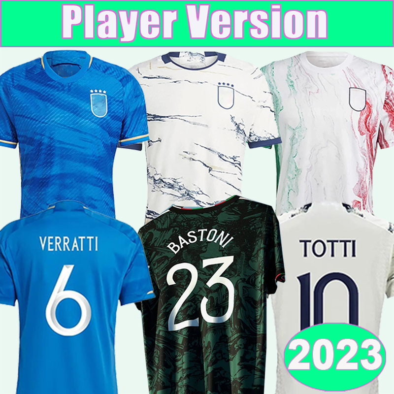 

2023 Italy National Team Mens Soccer Jerseys Player Version VERRATTI PINAMONTI TOTTI CHIESA BARELLA BONUCCI Home Away Special Edition Football Shirts Short Sleeve, Qy3362 2023 home no patch
