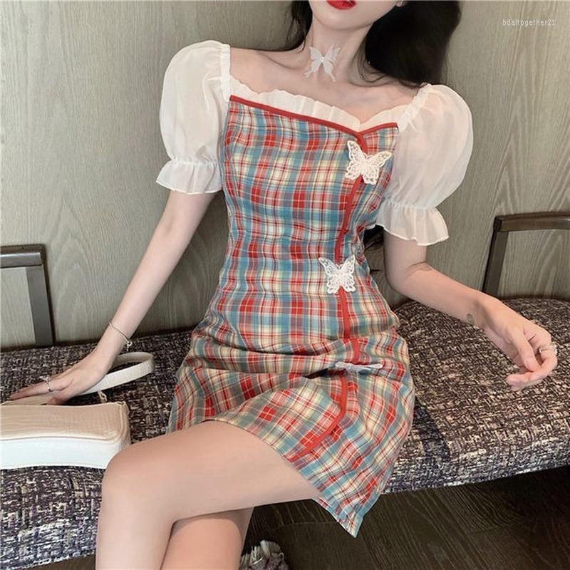 

Casual Dresses Puff Sleeve Plaid Dress With Butterfly Decoration Summer Women Short Cottagecore Slim Waist Chi-pao Style Clothing, Green
