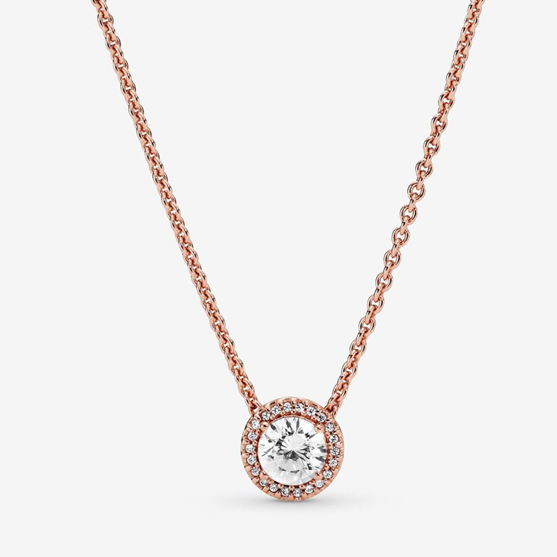 

18K Rose Gold Round Sparkle Halo Necklace for Pandora 925 Sterling Silver Wedding designer Jewelry For Women CZ Diamond Gifts Necklaces with Original Box Set