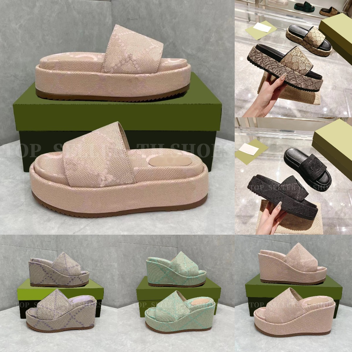 

Women Jumbo Slides Platform Slipper Muticolor Linen Fabric Mule Sandal Mid-Heel Rubber Bottom Wedges Beige Light Pink Canvas G Slippers Size35-41 With Box, 18