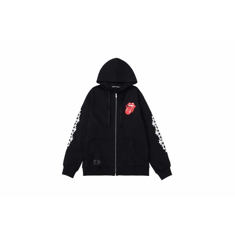 

Designer Chrome//Heart Mens Hoodies 2023 New Crow Scroll Lip Print Zip Hooded Cardigan Sweater, Black