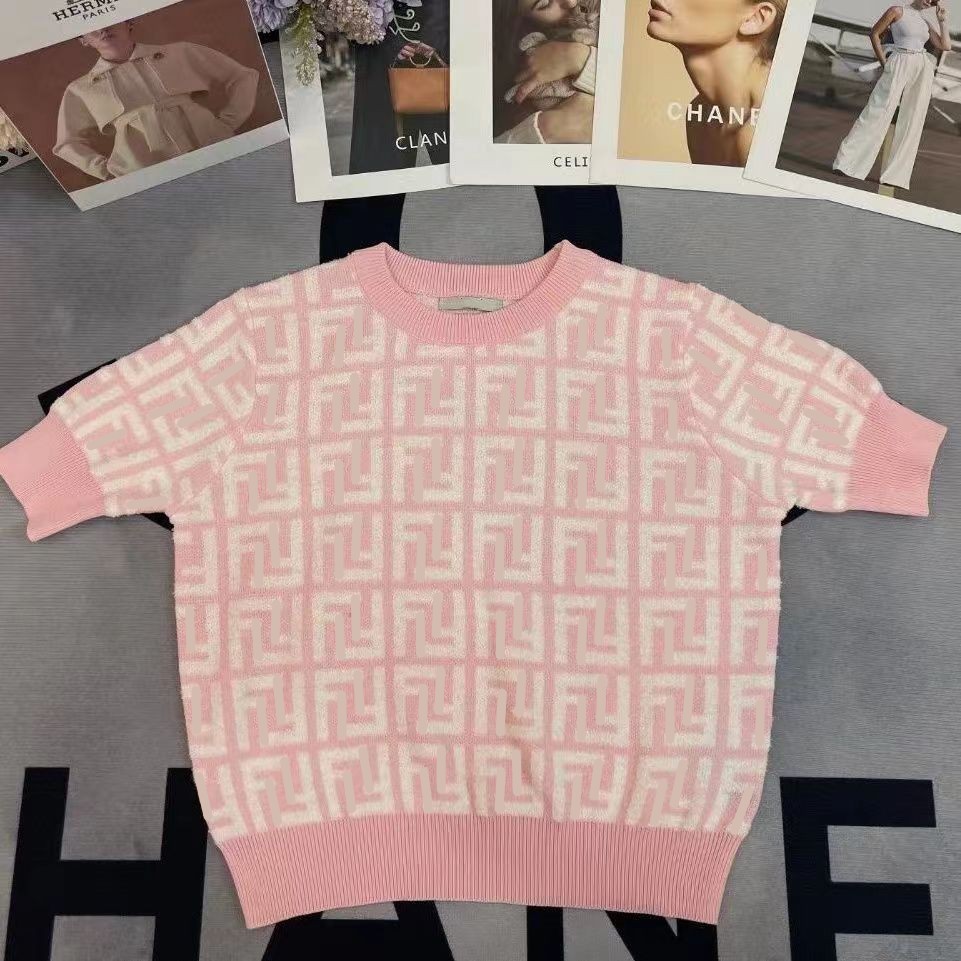 

Women's Sweaters SUMMER Women's Knits Tops Fashion Classic 7 Colors Letter Pattern Women Knit Tees Summer Short Sleeve Crew Neck Breathable Casual Womens Clothing, Pink