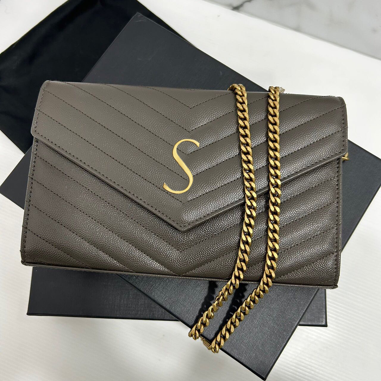 

Vintage Designer messenger bag Classic yslity envelope totes Shoulder Golden metal fitting handbags Womens mens mini Genuine leather Crossbody Clutch chains Bags, Khaki gold