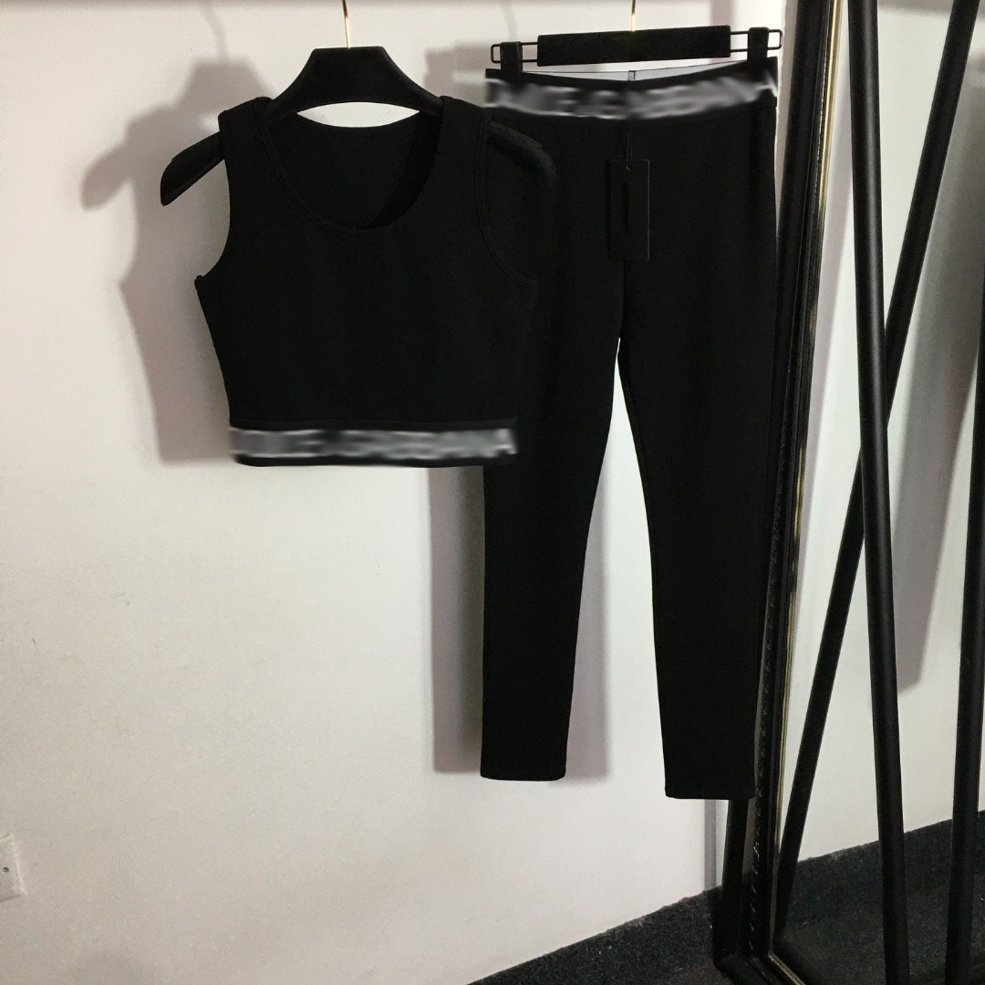 

226 2023 Spring Summer Brand Same Style Long Pants Black Crew Neck Two PIeces Sets High Quality Women's Two Piece Polyester MEIYI, Customize