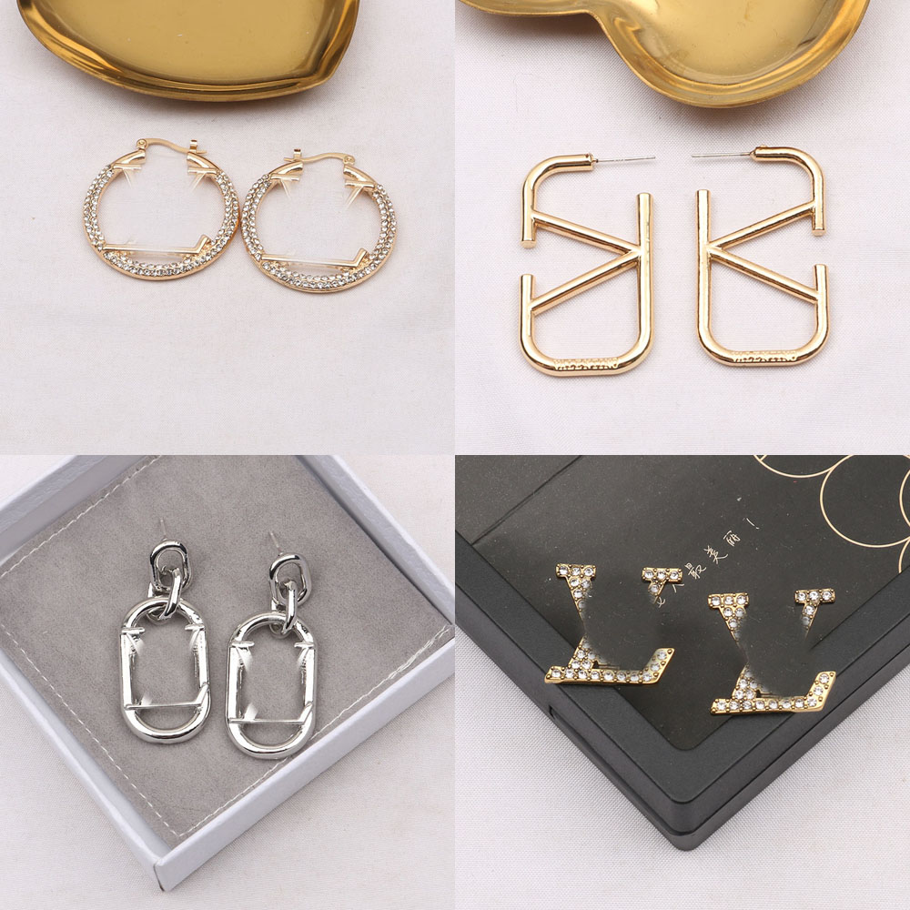 

23ss 20style Mixed Simple Designer V Letters Stud Hoop 18K Gold Plated 925 Silver Circle Women Crystal Pearl Earring Wedding Party Jewerlry