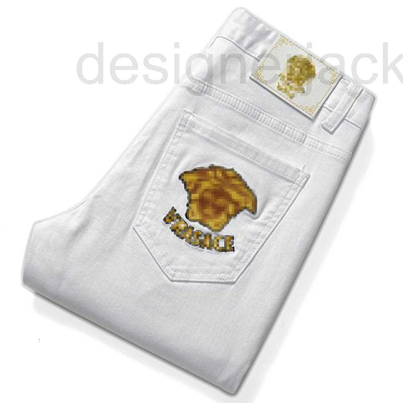

Men's Jeans Designer White Medusa Embroidery Slim Fit Small Straight Length Pants Brand G4H1, Fyy6023 white