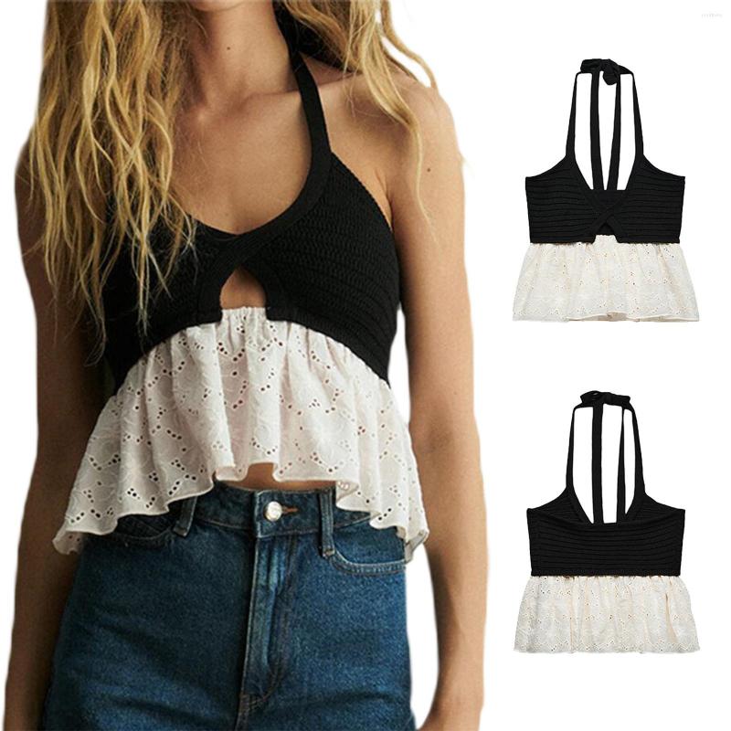 

Women' Tanks Women Fashion Tank Tops Knitted Sleeveless Patchwork Tie-Up Halter Neck Backless Vests Summer Crop Streetwear, Black