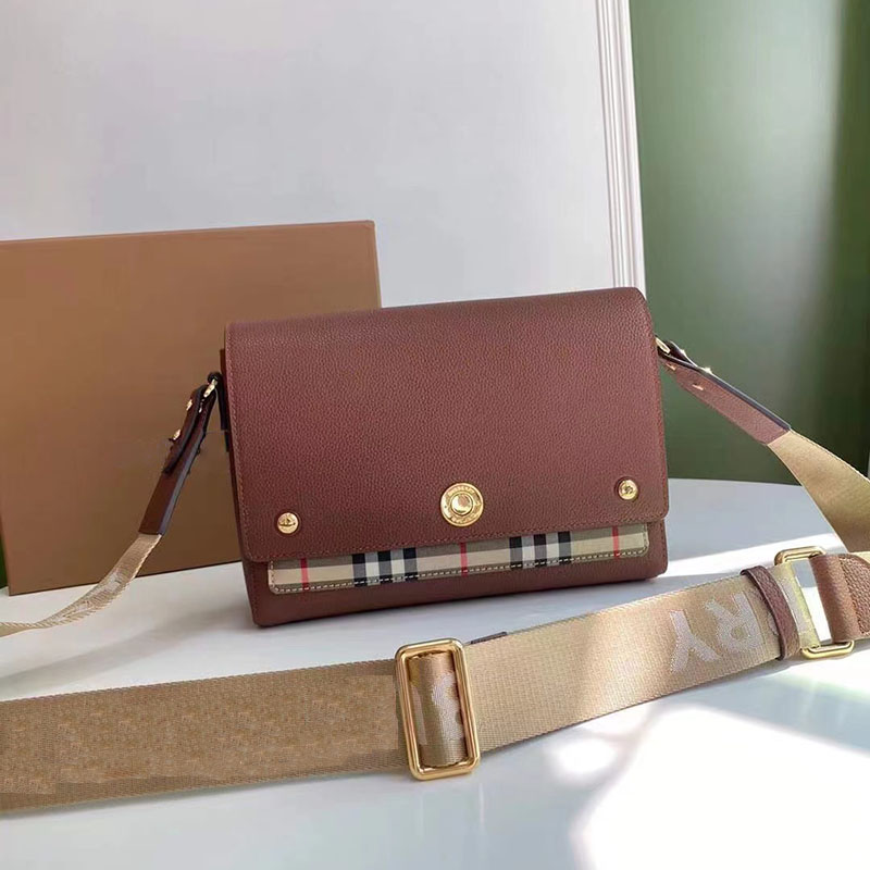 

designer large Crossbody Bag Vintage Checked Messenger Bags Grained Leather Handbag Purse Detachable Jacquard Woven Letter Strap Metal Studs, Brown