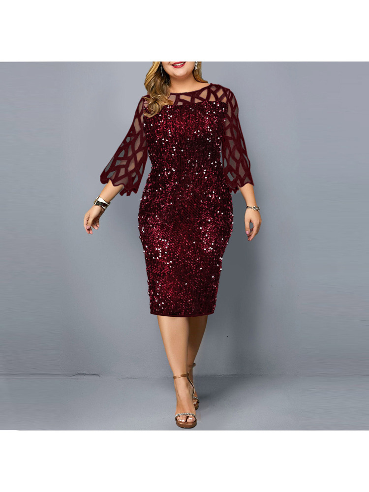 

Plus size Dresses Plus Size Women Clothing Lace Cutout Sequin Design Sexy Solid Color Slim Party Dress Elegant Wedding Dresses for Women O-Neck 230325, Black