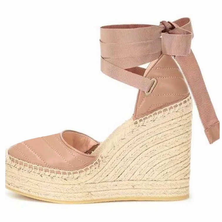 

2023 Womens Luxury Wedge Platform Sandals Espadrille Shoes Real Leather Ankle Lace-up Matelasse Espadrille Ladies Designer High Heel 12cm Size 35-41 With Box NO037