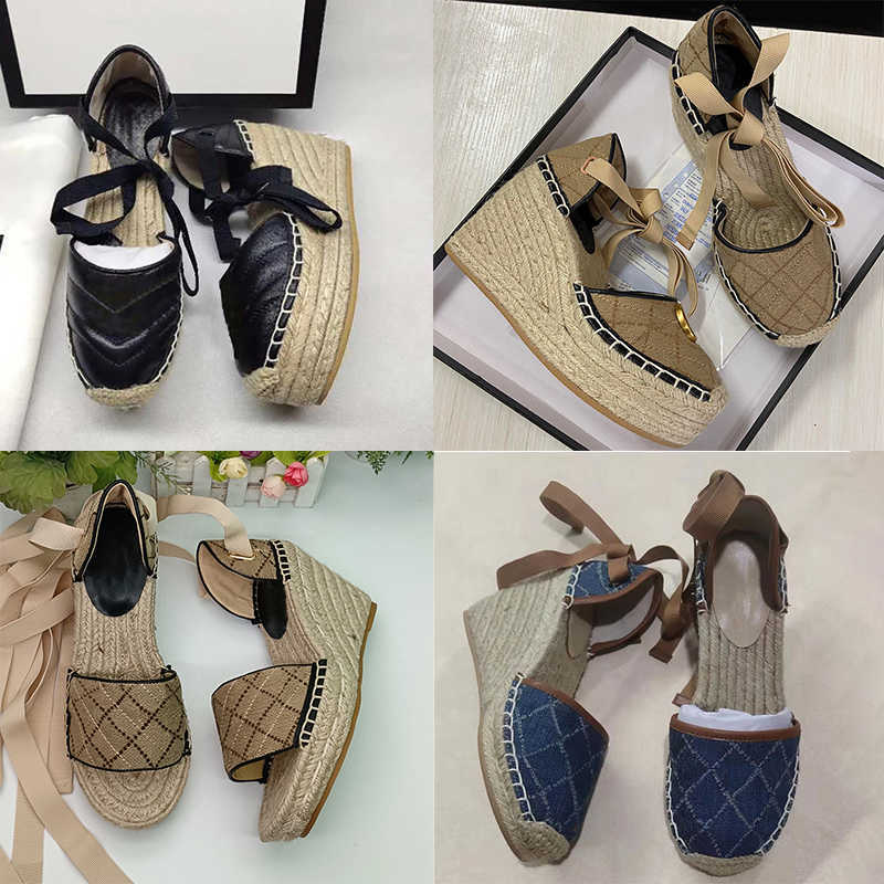 

Designer Womens Wedge Platform Sandals Espadrille Shoes Real Leather Ankle Lace-up Matelasse Espadrille Ladies High Heel 12cm Size 35-41 With Box NO037