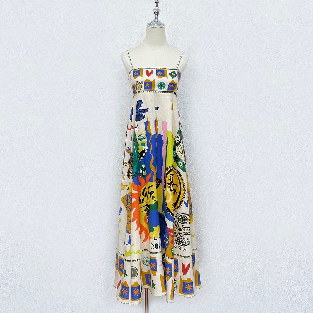 

Australian Outlets Spring/Summer 2023 Dress Graffiti Print Temperament Strap Holiday Dress Medium Length A-Line Women's Long Dress, Multi