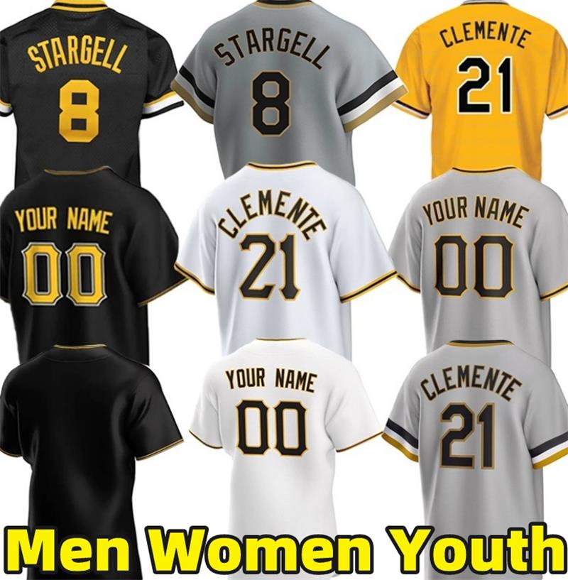 

21 Roberto Clemente 8 Willie Stargell Baseball Jerseys Ke'Bryan Hayes Connor Joe Ji Man Choi Oneil Cruz Travis Swaggerty Carlos Santana Chris Owings Suwinski Jersey, Women color 1