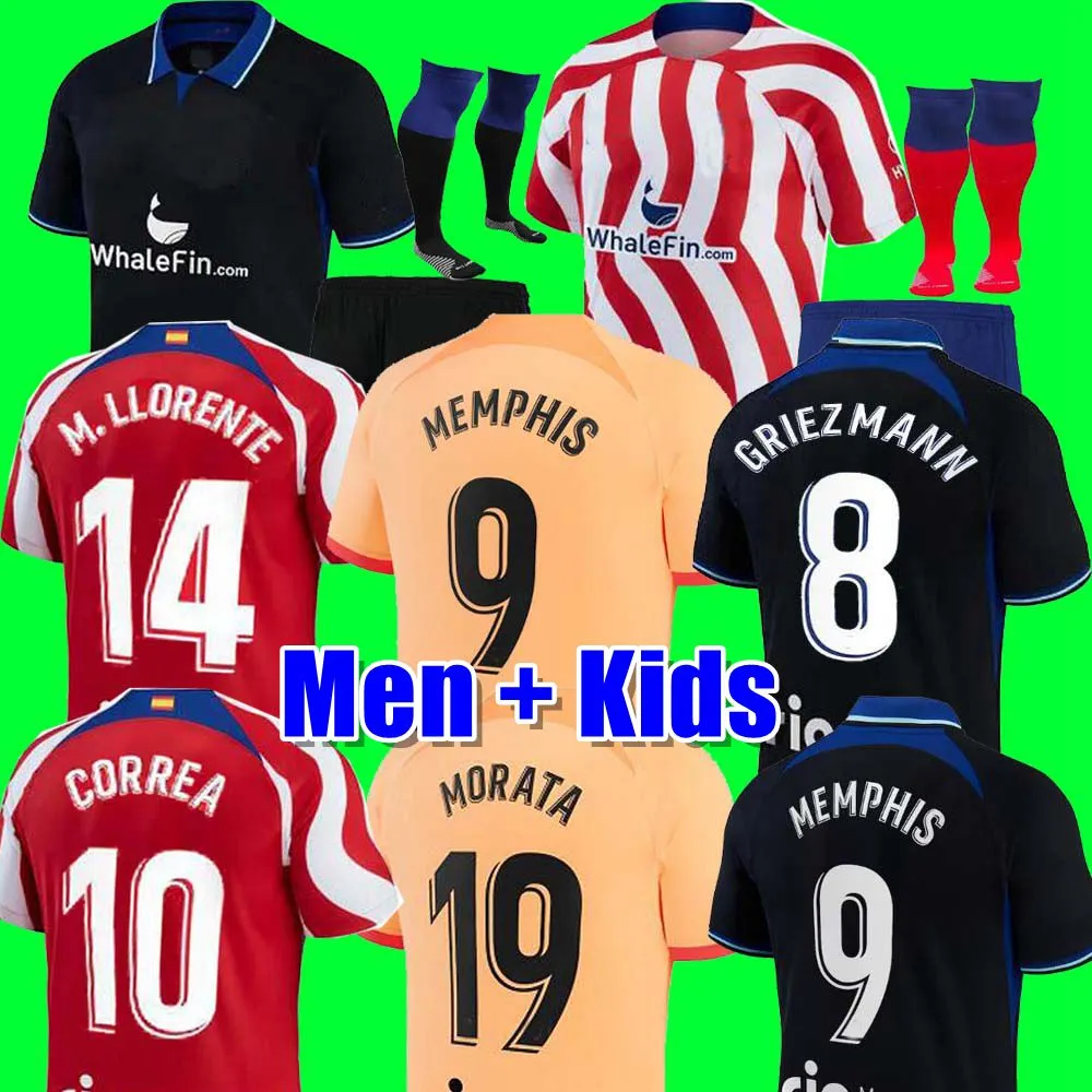 

22 23 MEMPHIS home cotton lycra fabric M. LLORENTE Correa camiseta football shirts uniforms away kids kit GRIEZMANN R. DE PAUL Cunha CARRASCO Atletico MadridS, Fan edition kit