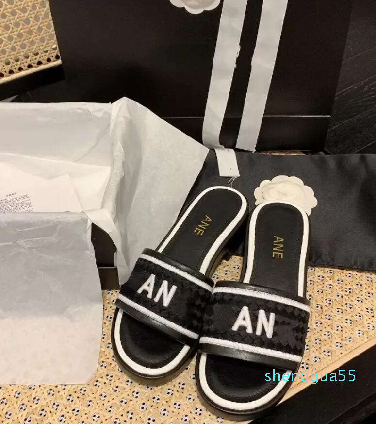 

Embroidered Woven Slippers 2023 Spring and Summer New Color-blocked Alphabet Rhombus Home Style Sandals 011, Black