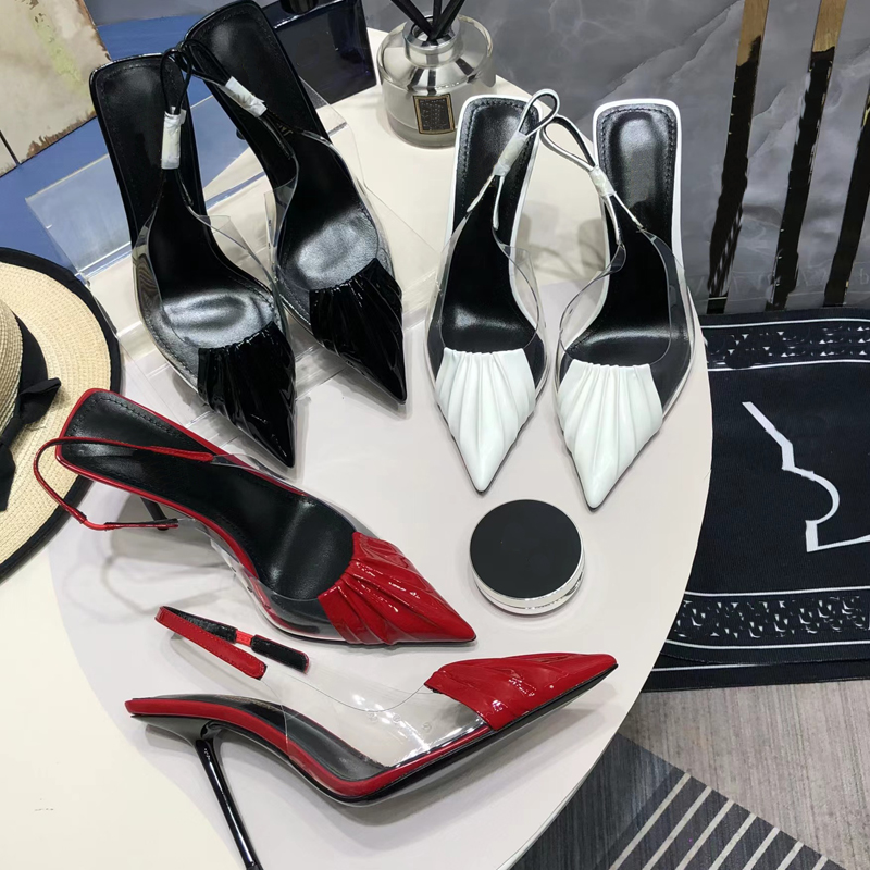 

2023 designer luxury Sexy Sheer pointed heel sandals YSL family womens genuine leather Black/white/red closed-toe sandal lady One strap Back hollowed out shoes size 40