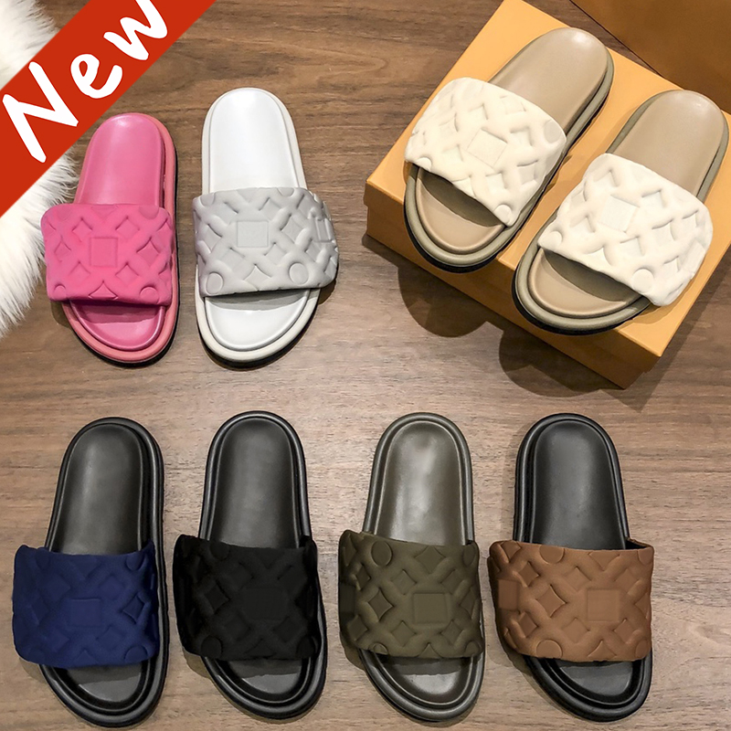 

Pool Pillow slides Slippers womens Designer Embossed Mules flat sandals shoes Mule pillow sliders Mens platform Slide summer luxury slipper nylon cool beach Sandal, #1- ivory