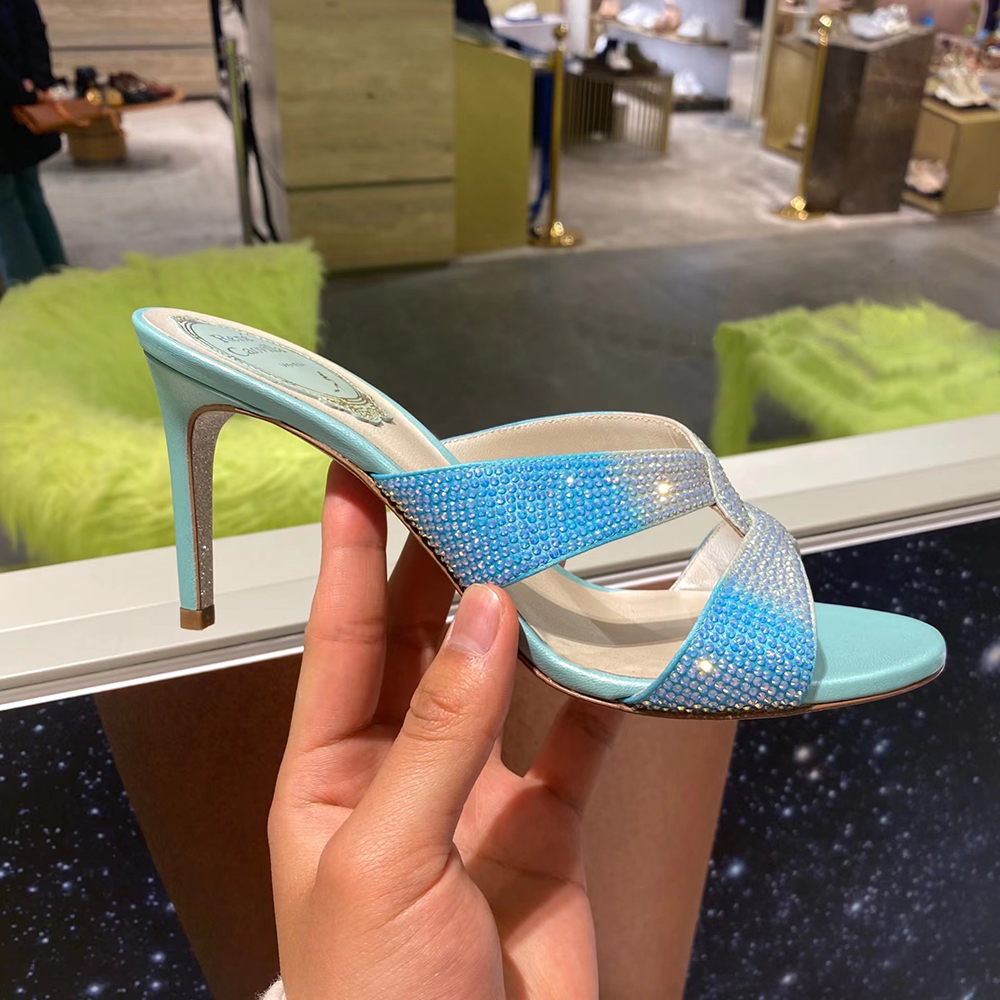 

Rene caovilla rhinestones Mule slides sandals cross Color matching stiletto open toe sandal women's luxury designer evening shoes 7.5cm 9.5cm summer shoes, Blue 7.5cm