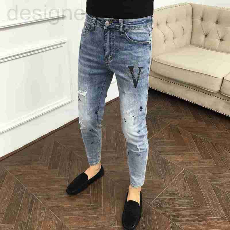

Men's Jeans designer Hot Diamond Print Broken Hole Net Red Slim Fit Feet Korean Fashion Brand Blue Nine Points Autumn New M2MI