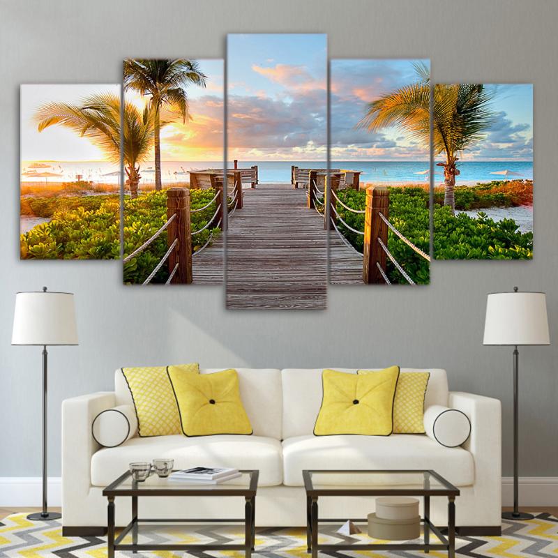 

Paintings Modular Pictures Framework HD Print Modern Home Decor 5 Panel Coast Board Walk Palms Beach Living Room Wall Art Painting CanvasPai