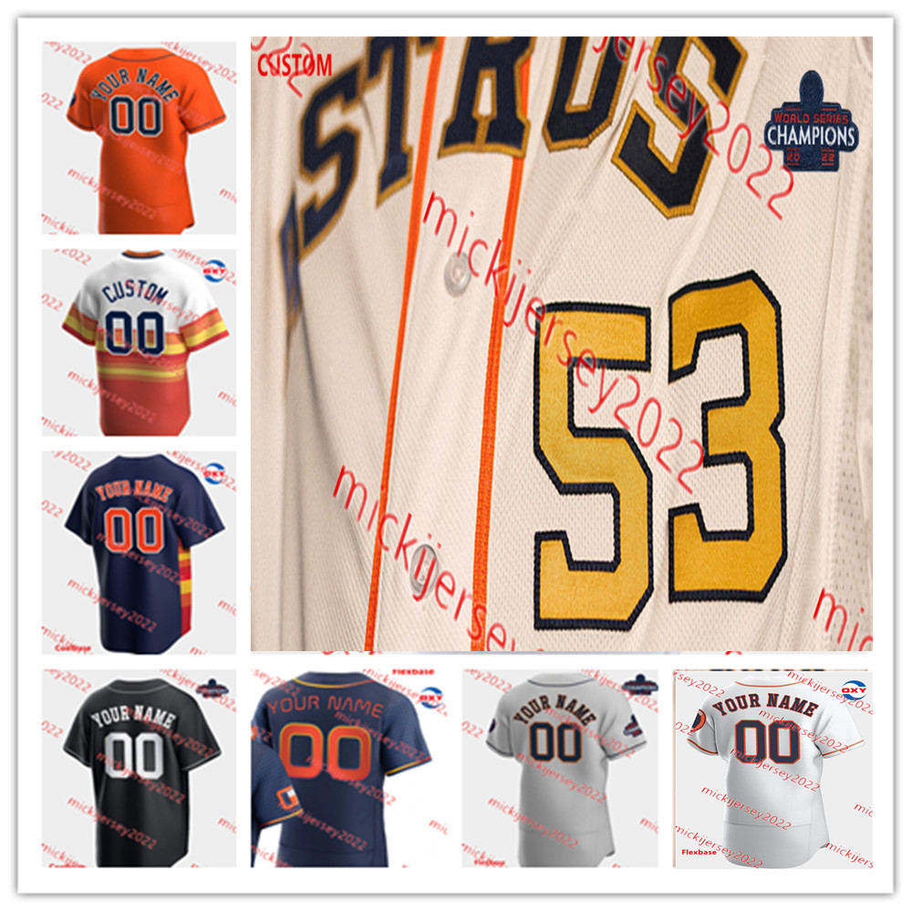 

Jeremy Pena 2023 White Gold Rush Champions Baseball Jersey Custom Joe Perez Michael Brantley Corey Julks Bligh Madris Chas McCormick Jake Meyers Kyle Tucker Jerseys, Orange champions patch