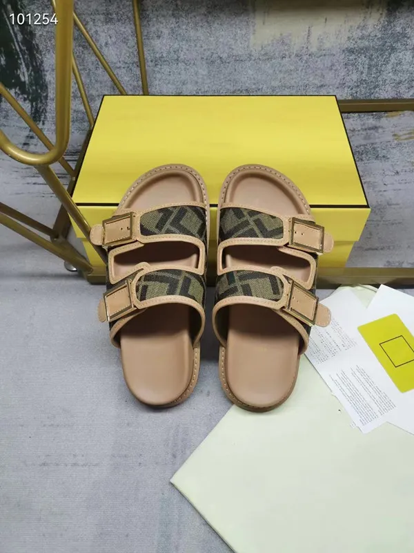 

Latest popular double-band flat slippers with decorative buckle decorated with patterned jacquard fabric light brown leather edge 35-45 with box-01