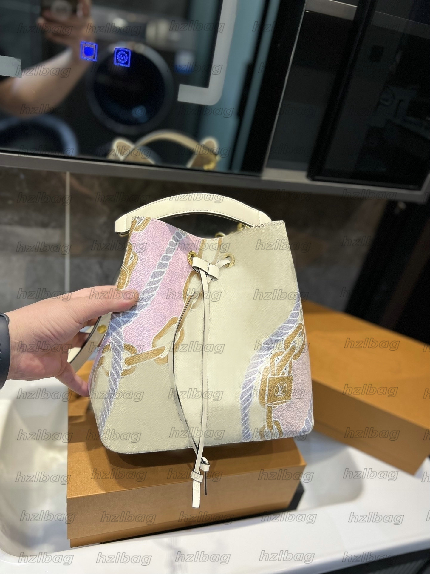 

NEONOE Shoulder Bucket Bag White Damier Azur Ropes Chains Printed Monograms pattern designer handbags Crossbody Bag M44022, 02