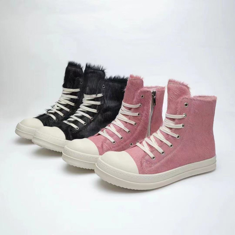 

Round Owens High Top Shoes Casual Shoes Womens Leather Pink Horse Fur Ro 2023 New Thick Sole Increased Street Rick Casual Sneakers Short Boots, 06