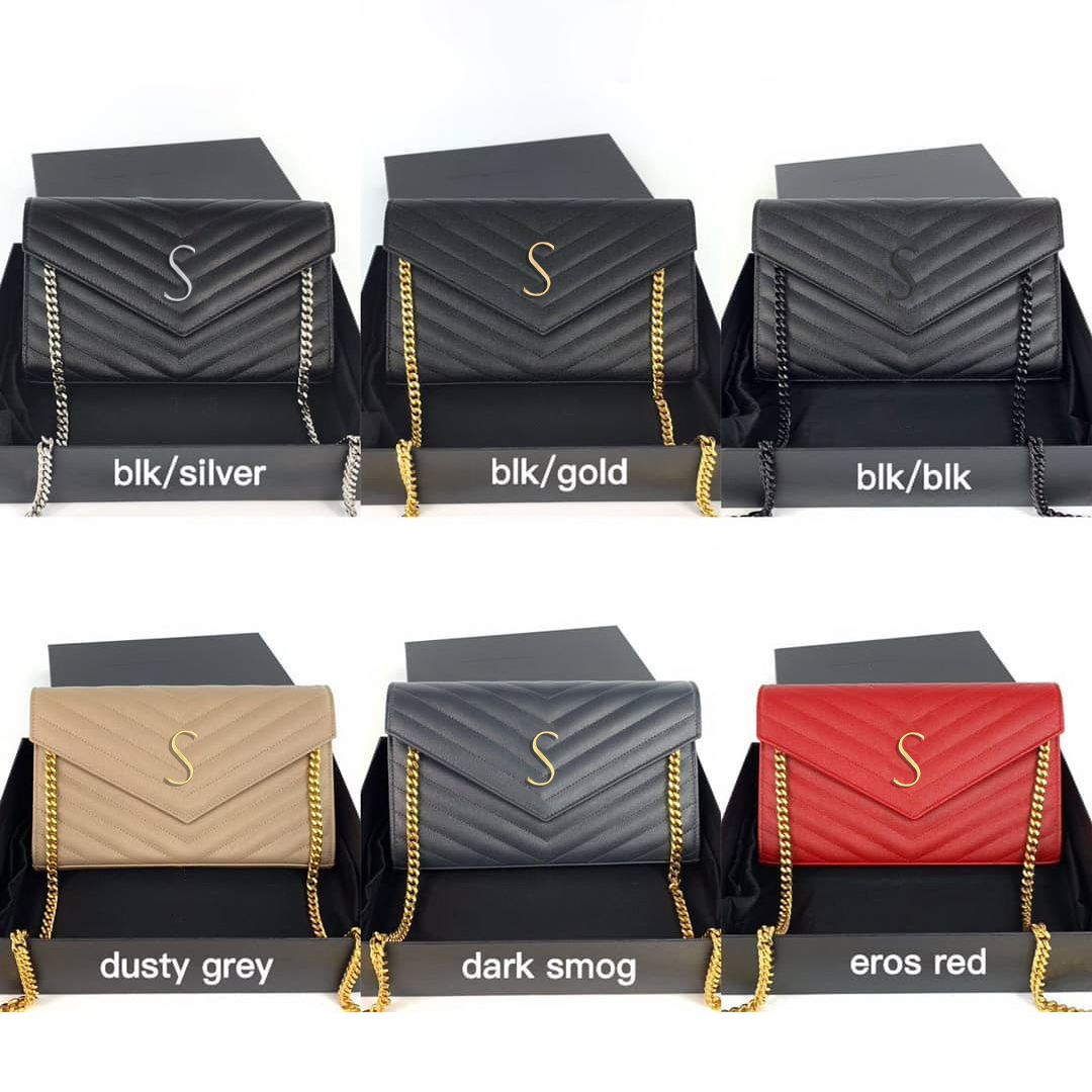 

Woc envelope Messenger Bags Metal chain with box gold silver sling womens mens man Genuine leather Shoulder wallet purse Totes Clutch Cross Body handbags hand bag, White silver