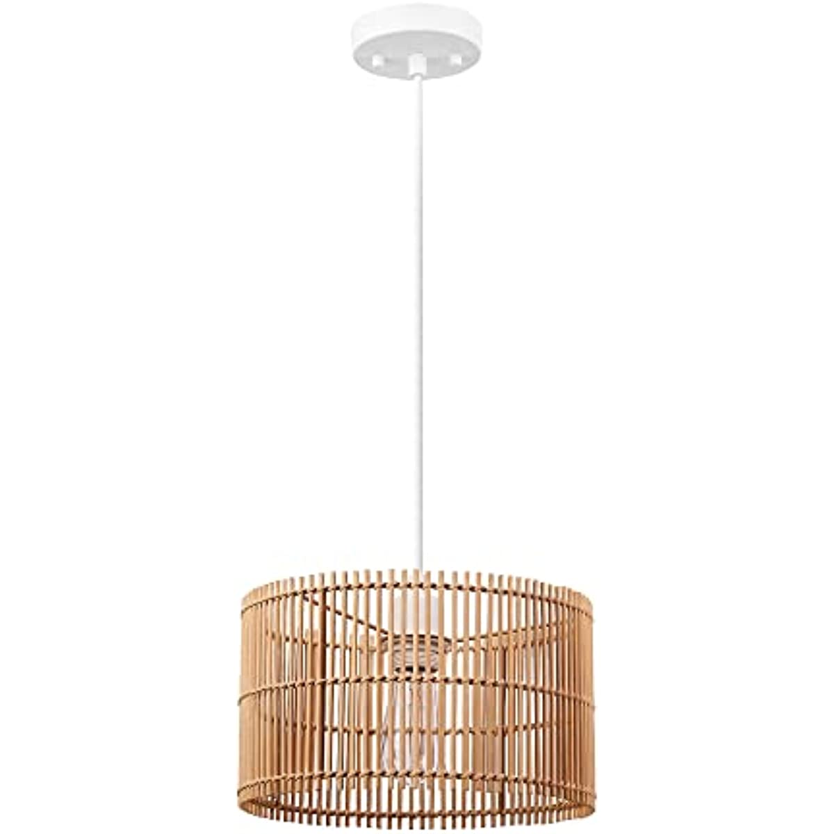 

1-Light Pendant Lighting, Natural Bamboo Shade, White Fabric Cord