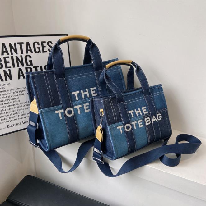

Handbags New women'sNew Denim Contrast Panel Handheld Tote Bag Embroidered Letter Crossbody Bag, Blue