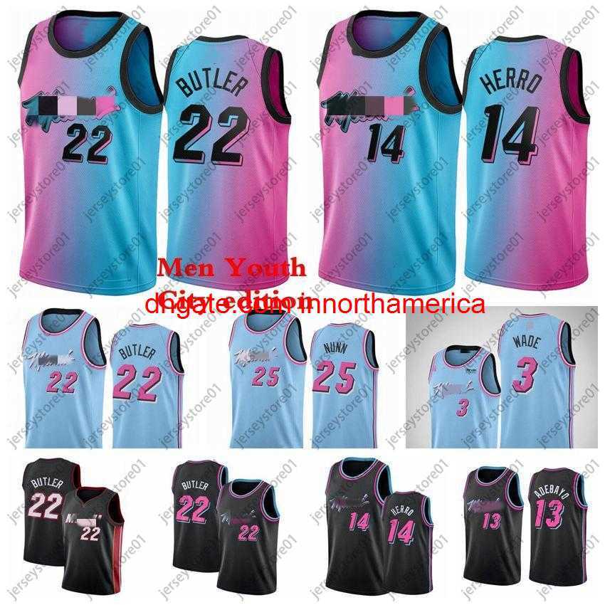 

Miami Jeresy 14 Tyler Herro Dwayne 3 Wade Jimmy 22 Butler Bam 13 Ado Jerseys 2021 Men Kids Youth Black White S-XXXL, As photo
