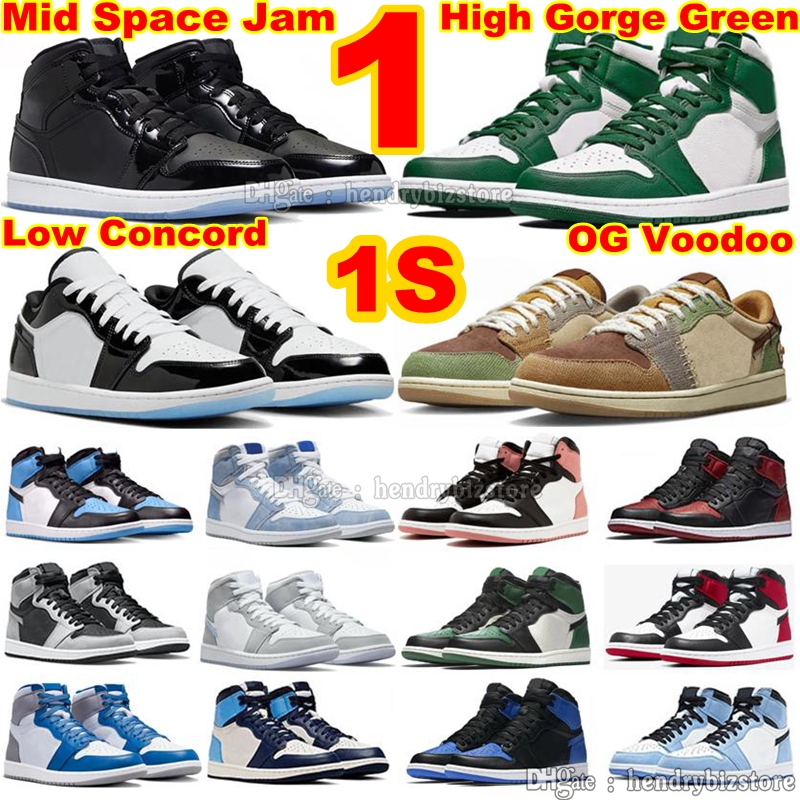 

1 Mid Space Jam Low Concord Basketball Shoes 1S High Palomino Gorge Green Zion Williamson Voodoo Stain Black Toe Wolf Grey White Cement Jack Sneakers True Blue With Box