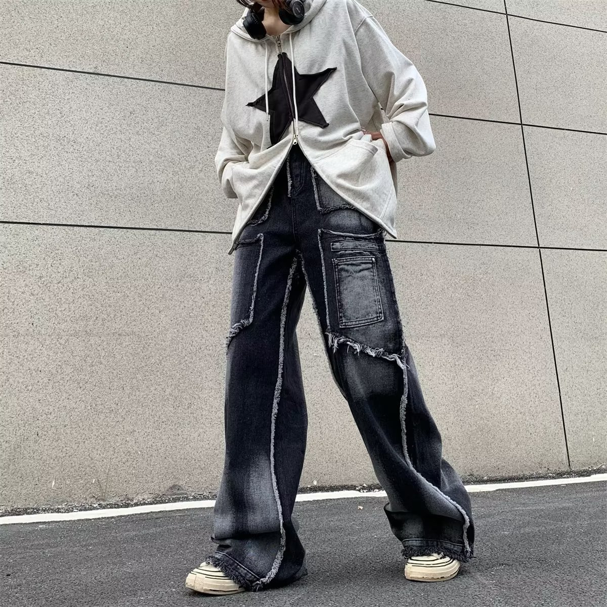 

Men's Jeans IEFB Men's Pants Autumn Vintage Wash Rough Edge Straight Tube Splicing Male Jeans High Street Wide Leg Trousers 9A5086 230209, Black