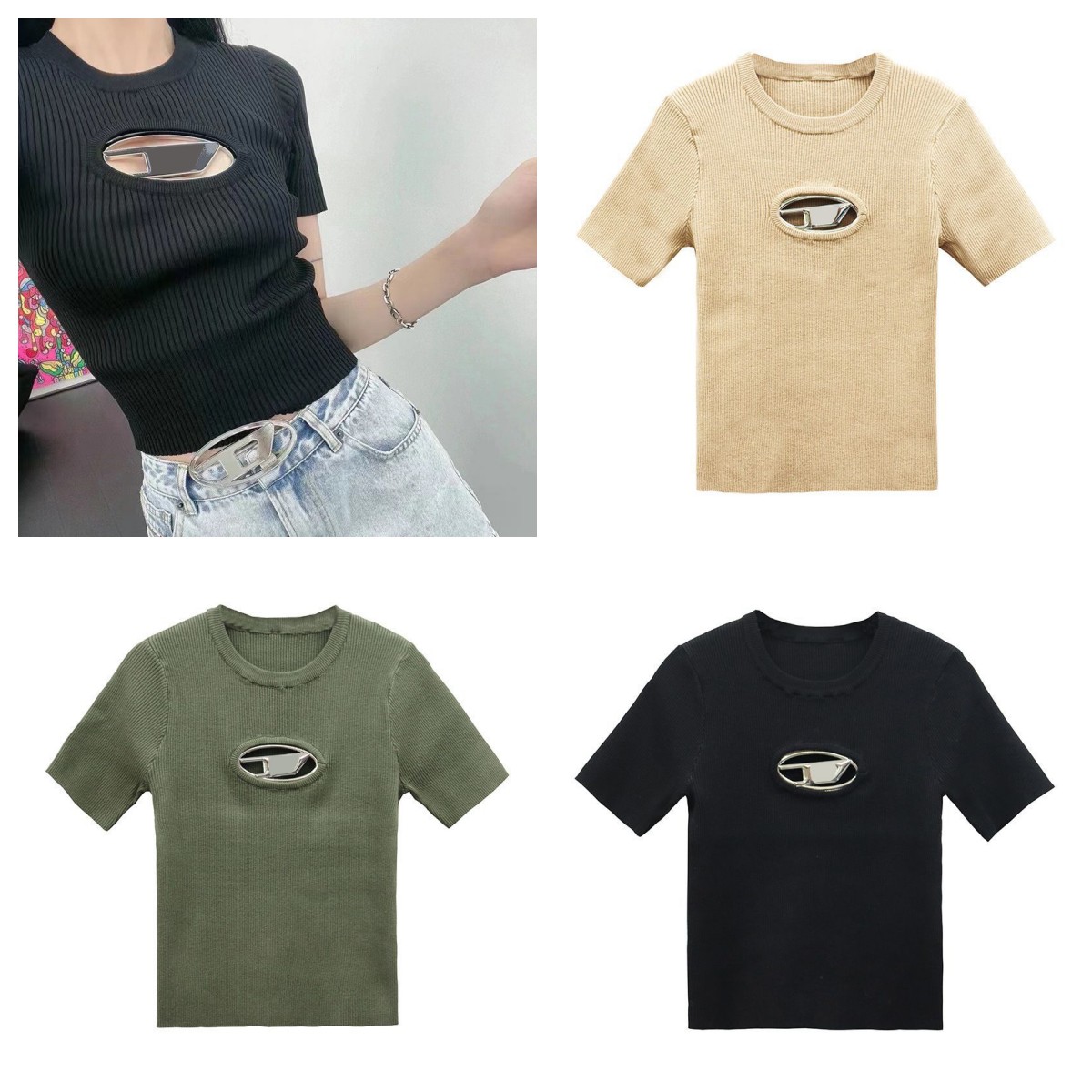

Women' tshirts designer knit diesel top tight T-shirt hollow out Tee Tanks women shirts Letter Printed Short Sleeve sexy yoga Tees woman summer vests, Beige