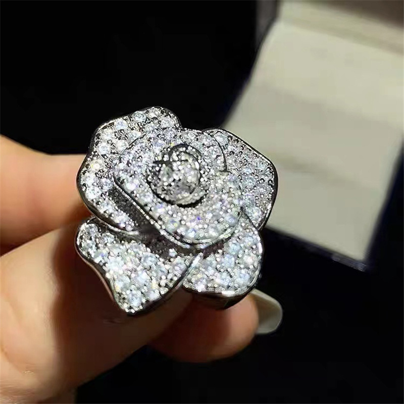 

sweet rose flower designer band rings ajustable size fashion luxury diamond crystal stone silver floral ring party wedding jewelry